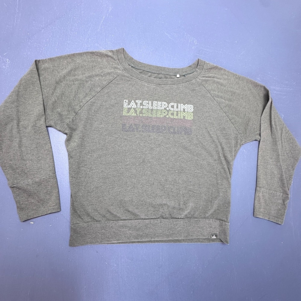 PrAna Women's Medium Sweatshirt Gray Eat Sleep Climb Graphic Crewneck Pullover